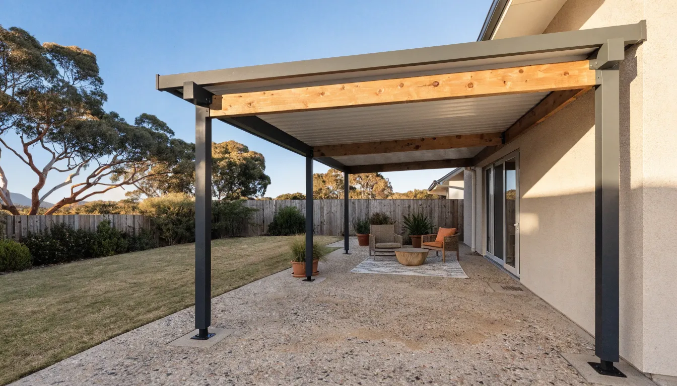 Modern flyover pergola and alfresco patio at an Australian home in Wollongong, with timber beam, Colorbond roof and outdoor lounge