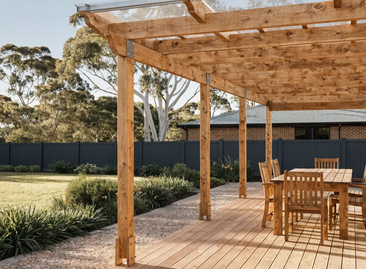 Timber pergola with polycarbonate roof over a deck and outdoor dining at an Australian home in Wollongong