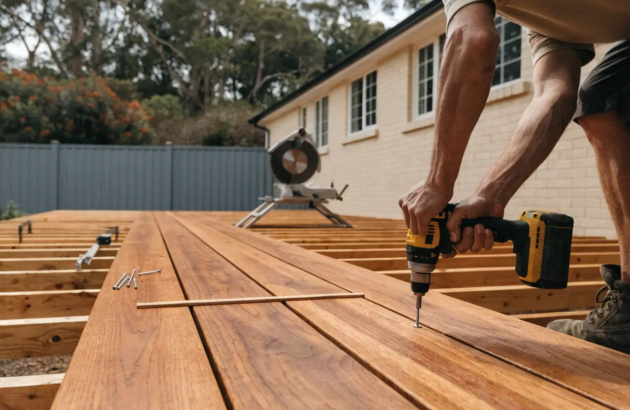 Tradesperson installing a hardwood deck with a cordless drill on a residential build in Wollongong